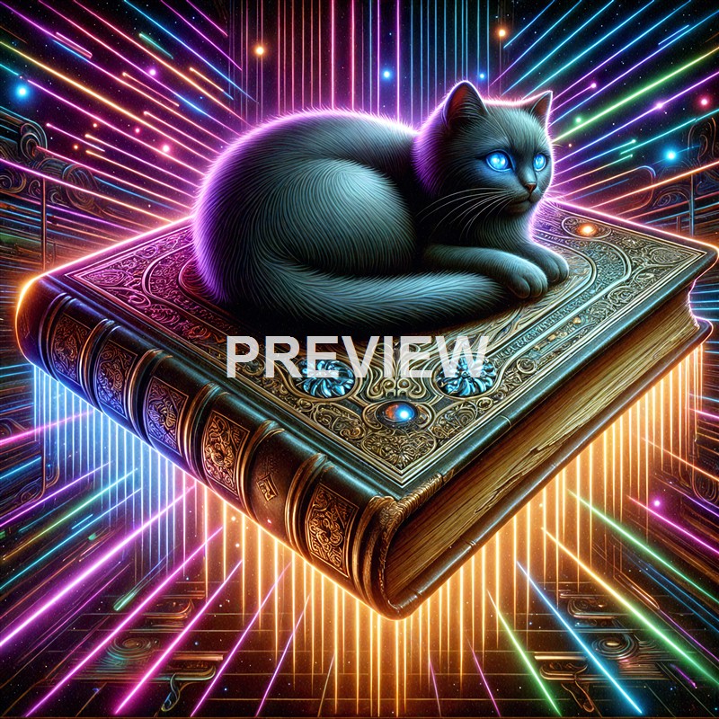 A black cat with glowing blue eyes is curled up on an ornate, vintage-looking book that appears to be floating in a vibrant, neon-lit digital space with colorful lines and glowing effects in the background.